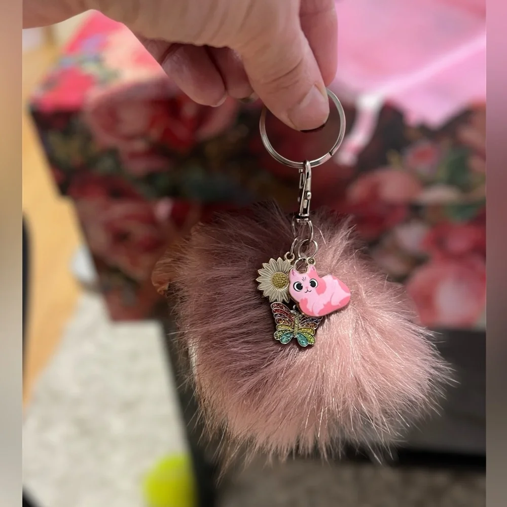 New Pom Pom puff key chain / purse charm. Pink kitty cat,  sunflower & butterfly